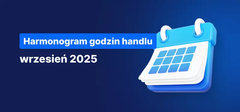 Kalendarz na niebieskim tle, biały tekst brzmi "Harmonogram Godzin Handlu Wrzesień 2025".