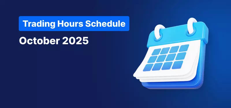 Calendar on a blue background, white text reads "Trading Hours Schedule October 2025".