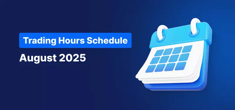 Calendar on a blue background, white text reads "Trading Hours Schedule August 2025".