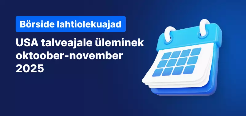 Kalender sinisel taustal, valge tekst ütleb "USA suveaeg oktoober-november 2025".