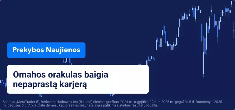 Mėlyna žvakidės diagrama su užrašu: „Omahos orakulas baigia nepaprastą karjerą“.