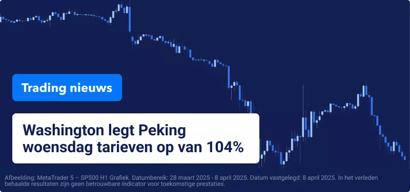 Blauwe kandelaar grafiek met witte tekst: "Washington legt Peking woensdag tarieven op van 104%".