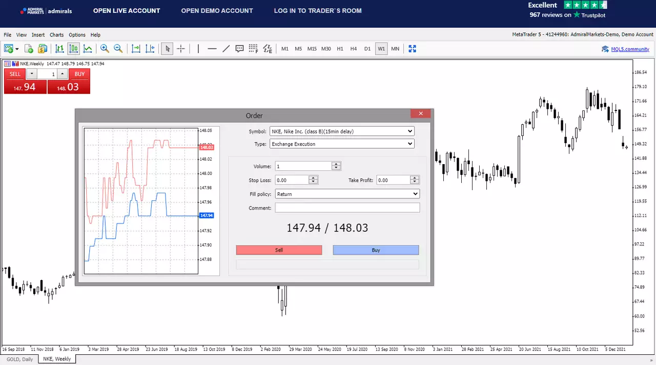 Ticket d'ordre pour l'action Nike sur la plateforme de trading MetaTrader 5 d'Admirals