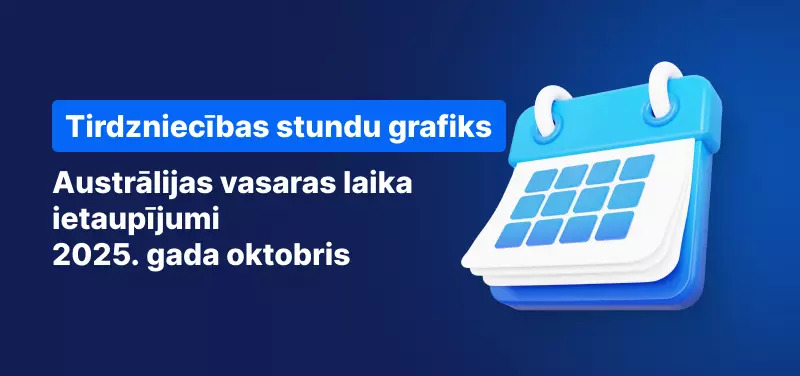 Kalendārs uz zila fona, balts teksts: "Austrālijas vasaras laiks 2025. gada oktobris".