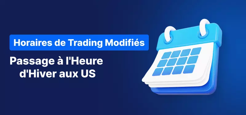 Icône d'un calendrier sur fond bleu avec le titre de l'article "Calendrier des Horaires de Trading - Passage à l'Heure d'Hiver aux US"