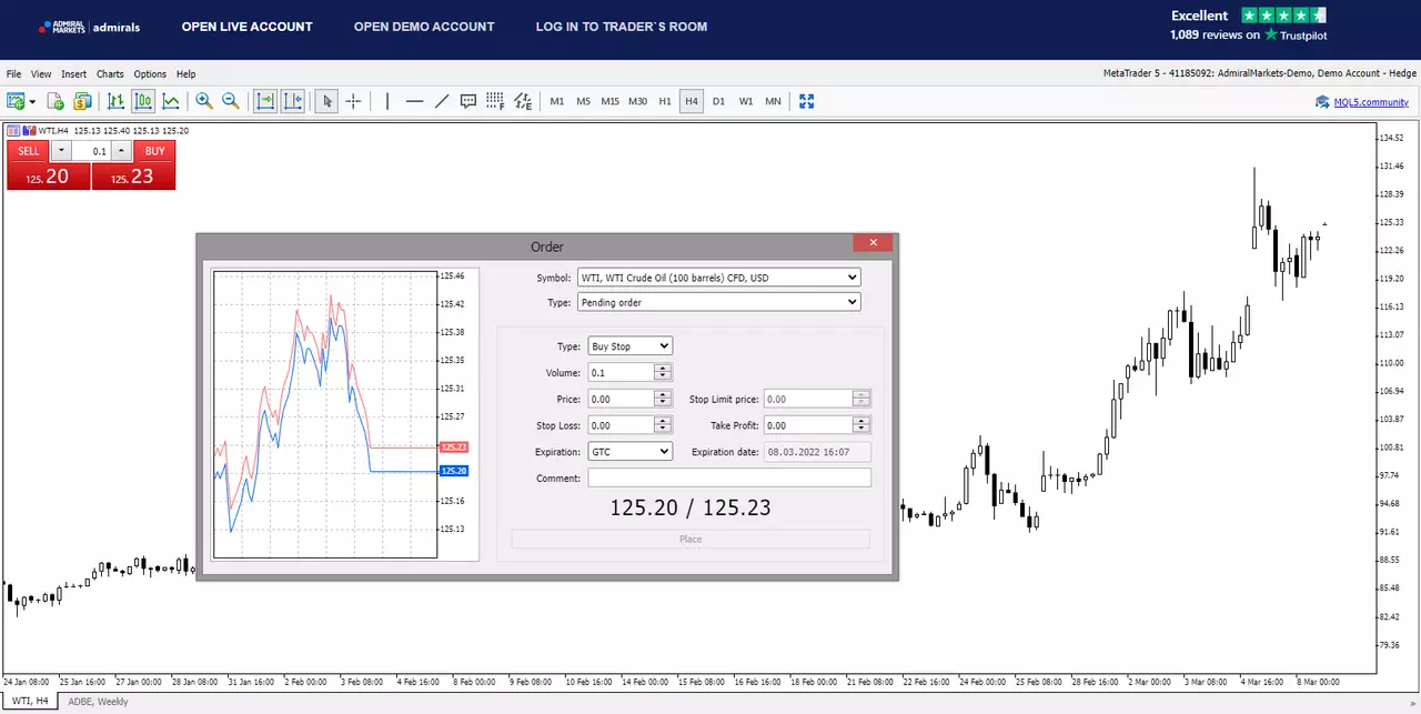 Ticket d'ordre sur le CFD WTI Crude Oil