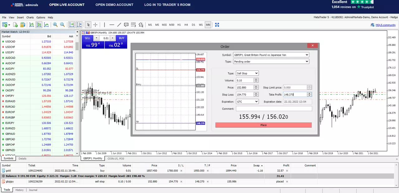 Ticket d'ordre pour la paire GBPJPY sur la plateforme de trading MetaTrader 5 d'Admirals