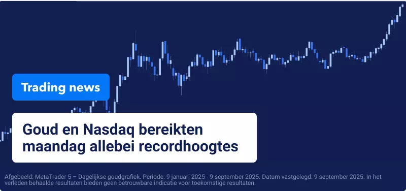 Blauwe achtergrond met een candlestick-handelsgrafiek en de tekst: "Goud en Nasdaq bereikten maandag allebei recordhoogtes".