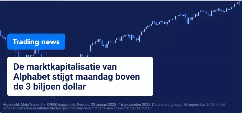 Blauwe achtergrond met een candlestick-handelsgrafiek en de tekst: "De marktkapitalisatie van Alphabet stijgt maandag boven de 3 biljoen dollar".
