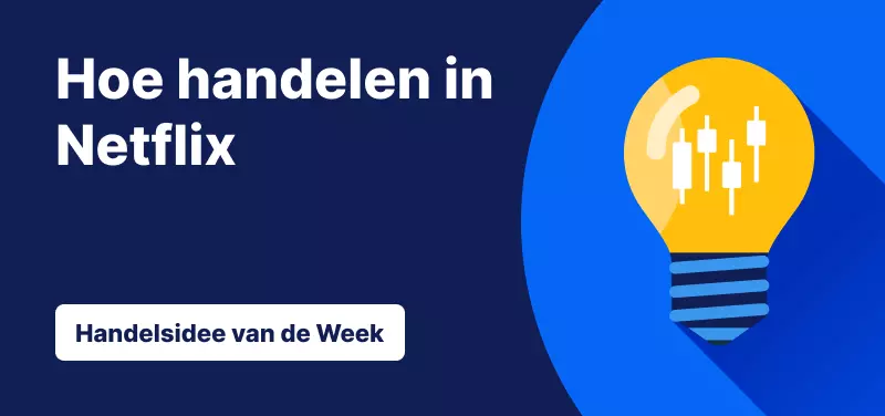 Blauwe achtergrond met een gloeilamp en de tekst: "Hoe handelen in Netflix".