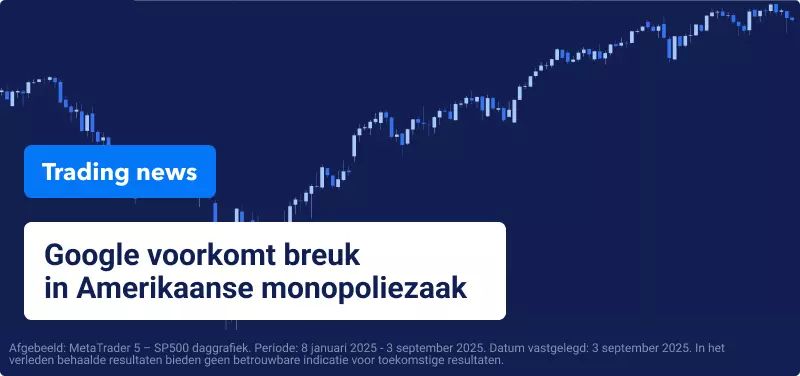 Blauwe achtergrond met een candlestick-handelsgrafiek en de tekst: "Google voorkomt breuk in Amerikaanse monopoliezaak"