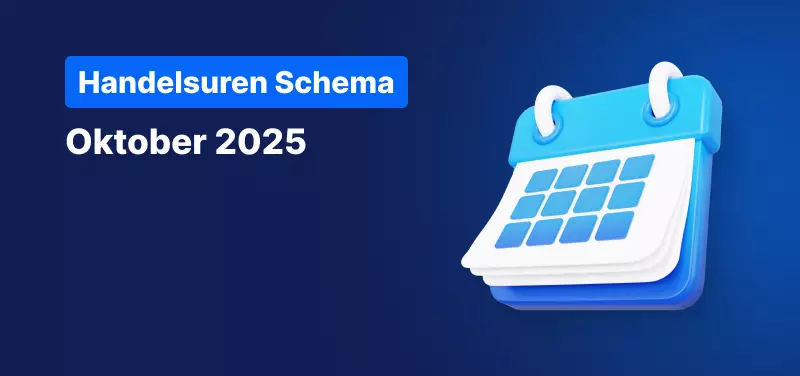 Blauwe achtergrond met een kalender en de tekst: "Handelsuren Schema, Oktober 2025"