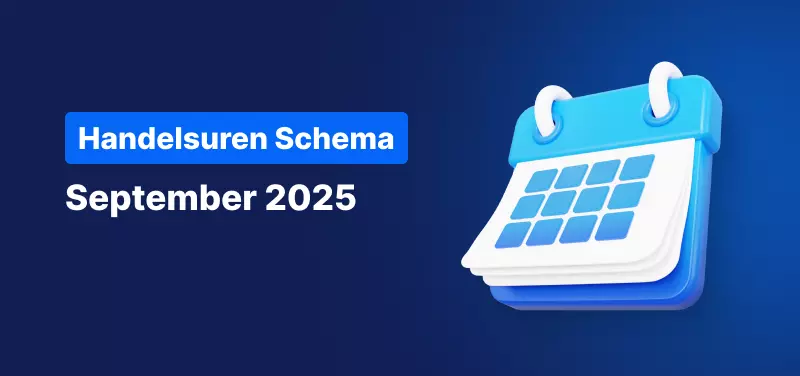 Blauwe achtergrond met een kalender en de tekst: "Handelsuren Schema, September 2025"