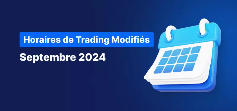 Icône d'un calendrier bleu et blanc sur un fond bleu foncé avec le titre de l'information à transmettre : "Calendrier des Horaires de Trading - Septembre 2024"