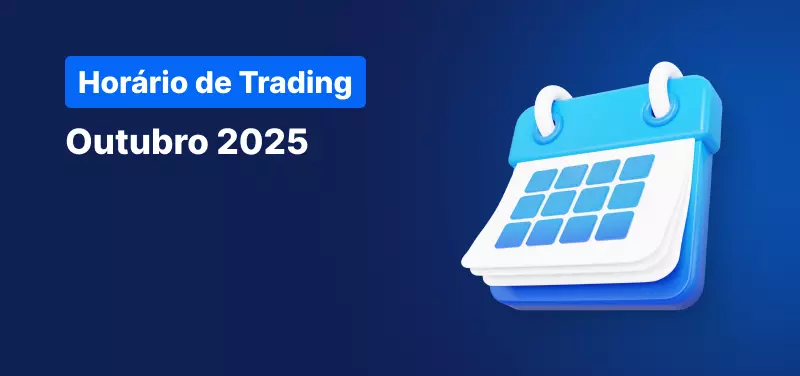 Calendário sobre um fundo azul, com texto branco a indicar: “Horário de Negociação Outubro 2025”.
