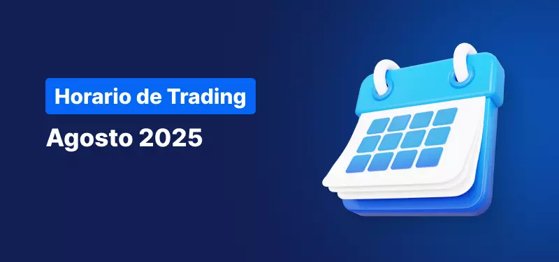 Calendario sobre fondo azul, con texto blanco que dice "Horario trading agosto de 2025".