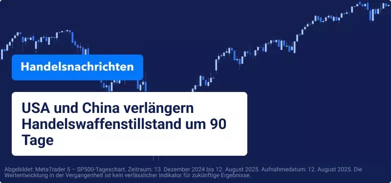 Blaues Handelschart mit überlagertem Text "USA und China verlängern Handelswaffenstillstand um 90 Tage".