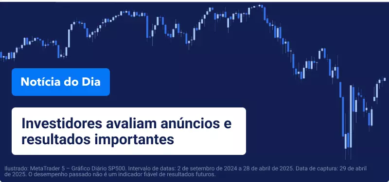 Gráfico de trading azul sobre fundo azul, com texto branco sobreposto: “Investidores avaliam anúncios económicos e de resultados importantes”.