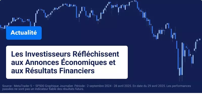 Graphique boursier bleu sur fond bleu, avec le texte blanc « Les investisseurs réfléchissent aux annonces économiques et aux résultats financiers » superposé.