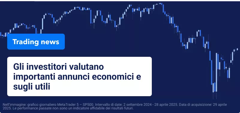 Grafico di trading blu su sfondo blu, con testo bianco sovrapposto che riporta: "Gli investitori valutano i principali annunci economici e sugli utili