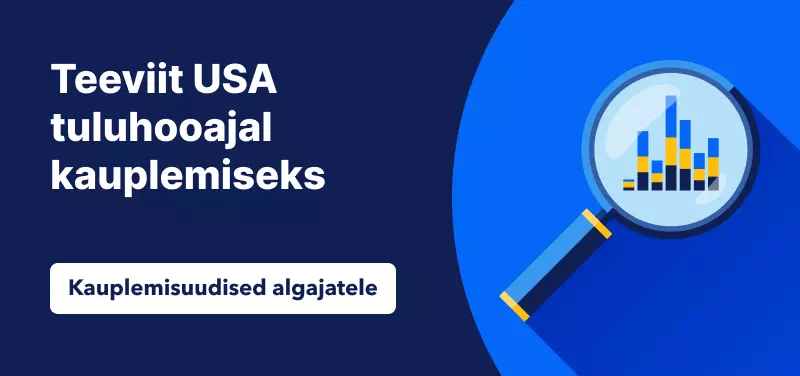 sinisel taustal luup ja lause "Teeviit USA tuluhooajal kauplemiseks"
