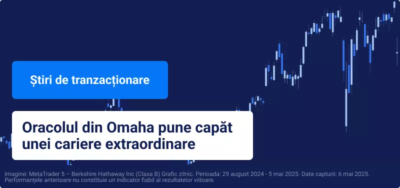 Grafic cu lumânări albastre și text suprapus: „Oracolul din Omaha pune capăt unei cariere extraordinare”.
