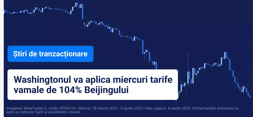 Grafic cu lumânări albastre și text alb: Washington va impune tarife de 104%