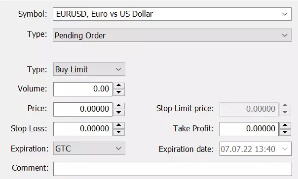 Capture d'écran du ticket d'ordre sur la plateforme MetaTrader 5 d'Admirals