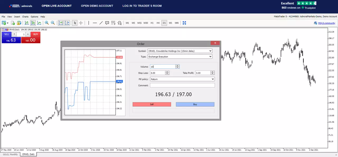 Ticket d'ordre sur le titre Crowdstrike Holdings depuis la plateforme MetaTrader 5 d'Admirals