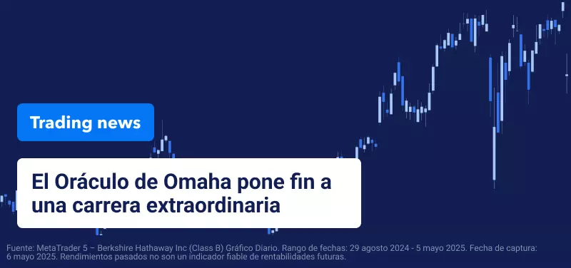 Gráfico de velas azules con texto superpuesto: «El Oráculo de Omaha pone fin a una carrera extraordinaria».