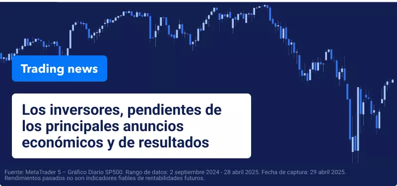 Gráfico de trading azul sobre fondo azul, texto blanco superpuesto que los inversores, pendientes de los principales anuncios económicos y de resultados