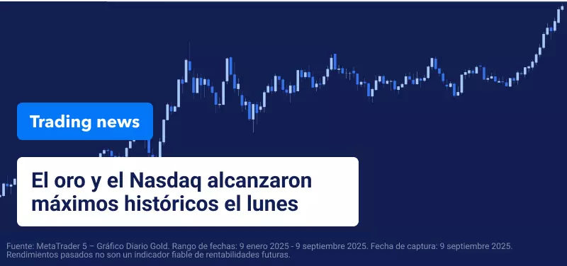 Gráfico de trading azul con texto superpuesto que reza "El Oro y el Nasdaq Alcanzan Máximos Históricos el Lunes".