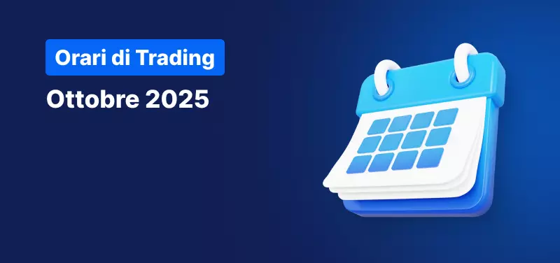 Sfondo blu con un calendario e la scritta in bianco: "Orari di Trading, Ottobre 2025"