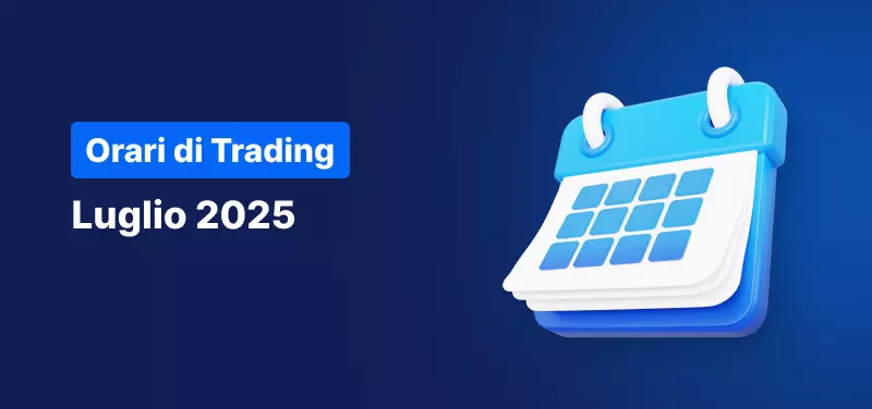 Sfondo blu con un calendario e le scritte: "Orario di Trading, Luglio 2025"