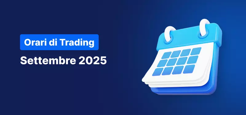 Sfondo blu con un calendario e la scritta: "Orari di Trading, Settembre 2025"