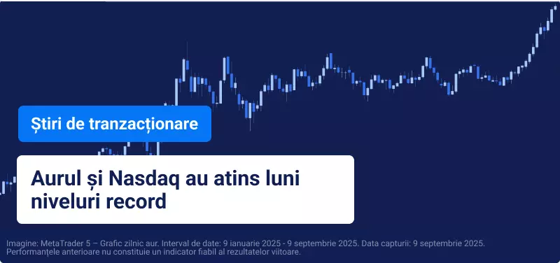 Grafic de tranzacționare albastru cu text suprapus citind "Aurul și Nasdaq ating ambele maxime record luni".