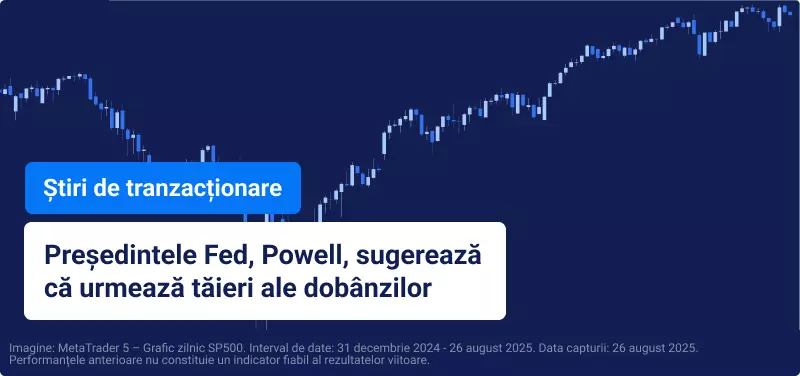 Grafic de tranzacționare albastru cu text suprapus care citește "Președintele Fed Jerome Powell sugerează că reducerile de dobândă sunt pe drum".