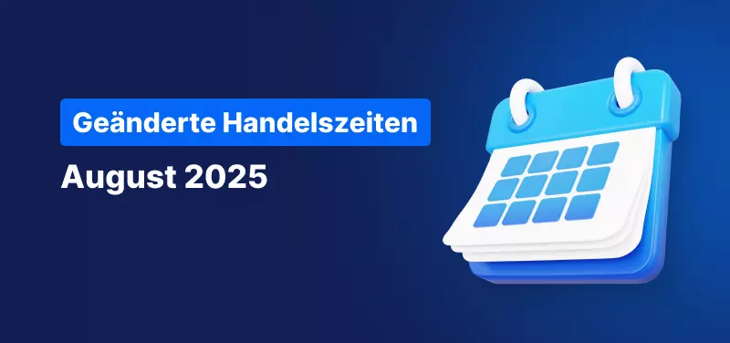 Kalender auf blauem Hintergrund, weißer Text lautet "Handelszeiten August 2025".