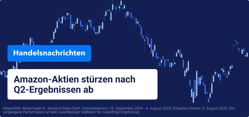 Blaues Handelsdiagramm mit überlagertem Text "Amazon-Aktien stürzen nach Q2-Ergebnissen ab".