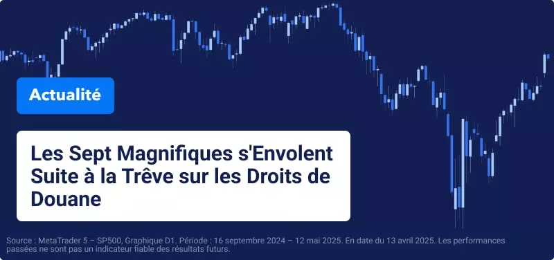 Graphique bleu avec texte superposé : « Les Sept Magnifiques s'Envolent Suite à la Trêve sur les Droits de Douane ».