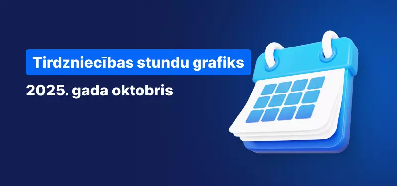 Kalendārs uz zila fona, baltā tekstā rakstīts "Tirdzniecības stundu grafiks 2025. gada oktobrī".