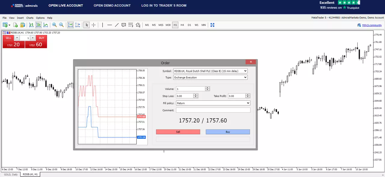 Ticket d'ordre pour l'action Shell sur la plateforme de trading MetaTrader 5 d'Admirals