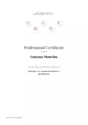 Laurynas Montvilas certificate - Investor advisor's Qualification