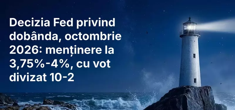 Decizia Fed privind dobânda, octombrie 2026: menținere la 3,75%-4%, cu vot divizat 10-2